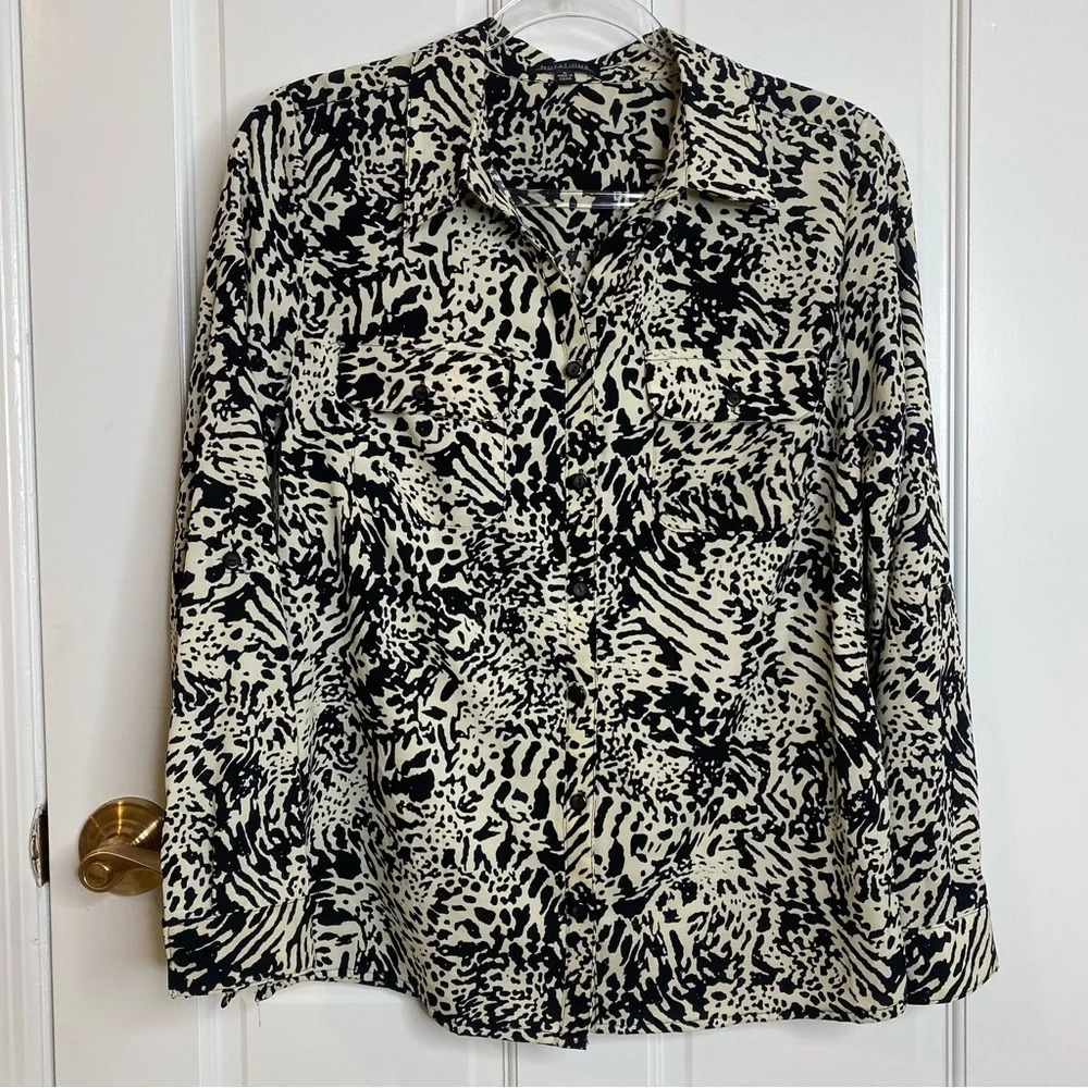 Notations Long Sleeve Collared Button Down Animal Print Black & Beige Bl⦠- Picture 3 of 7
